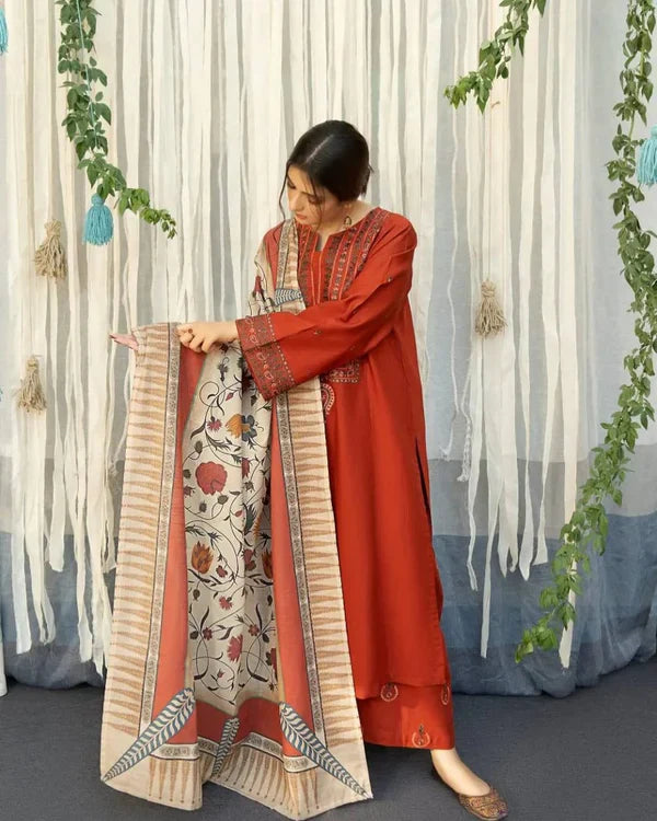 UROOJ EMB 3Pc With Shawl - Stylosefashion